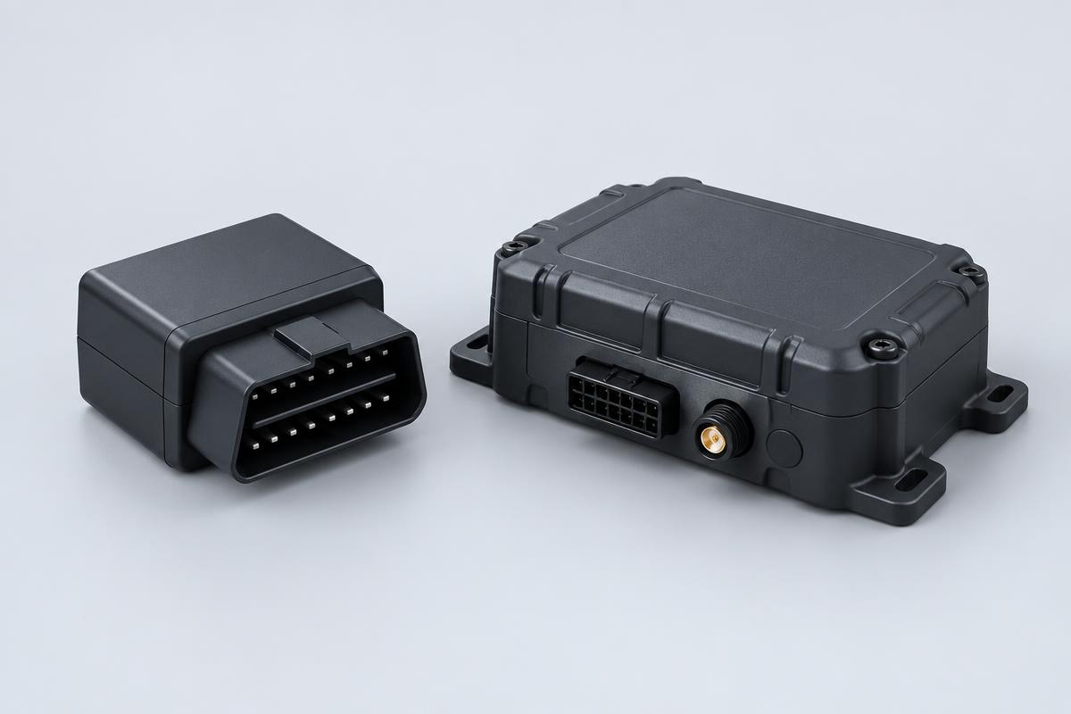 Illustrative generic vehicle trackers, not Geotab product photographs